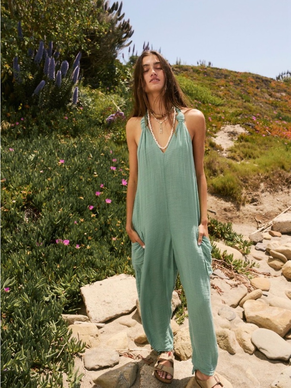 Free People Knot It Up Low Back Putt Putt Gauze Jumpsuit Medium